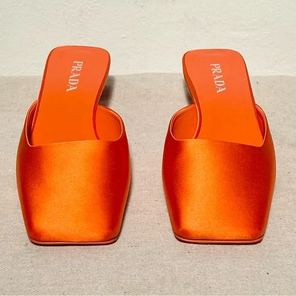 Prada orange satin silk square toe mules logo heels with box size 41 - Picture 4 of 13